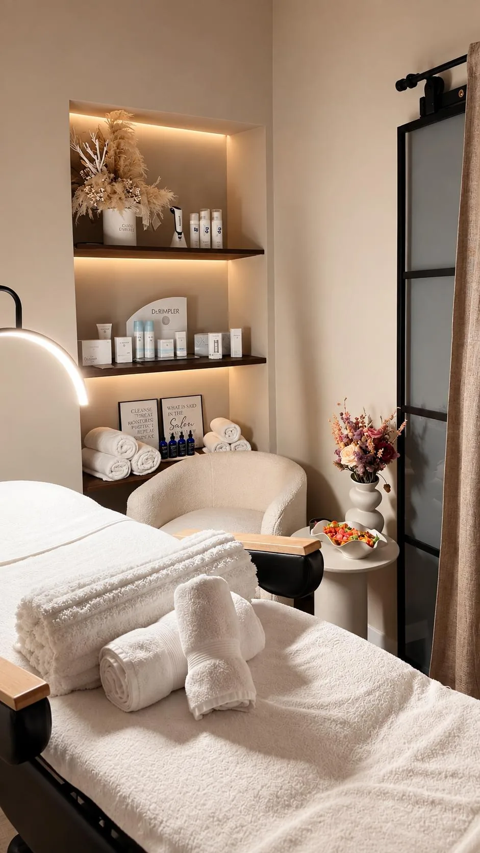 Heller Behandlungsraum mit Behandlungsliege, Handtüchern und Hautpflege im NABEAU Studio in Berlin-Charlottenburg