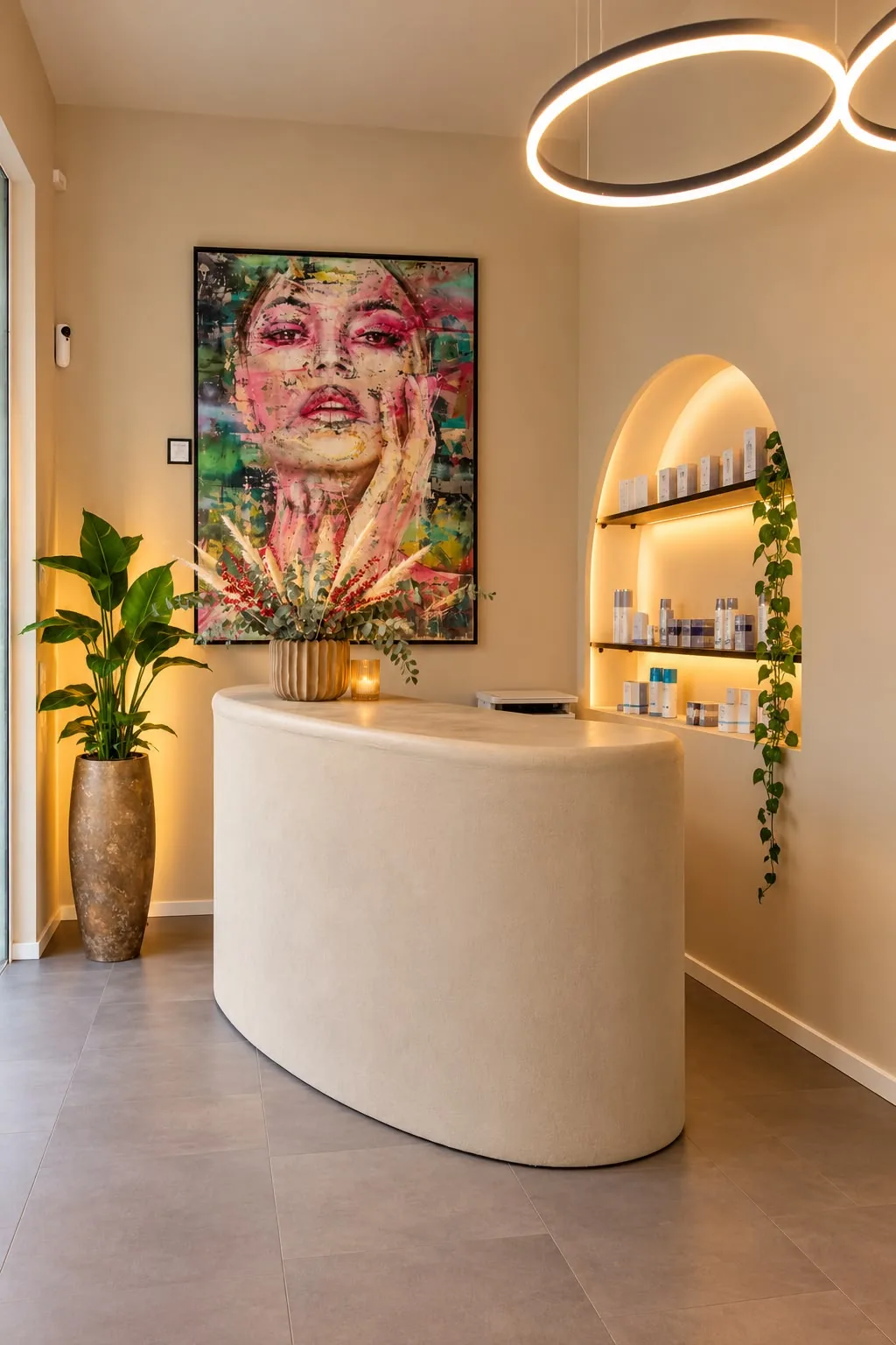 Empfangsbereich des NABEAU Kosmetikstudios Heller Empfangsbereich mit rundem Tresen und Hautpflegeprodukten im NABEAU Kosmetikstudio in Berlin-Charlottenburg
